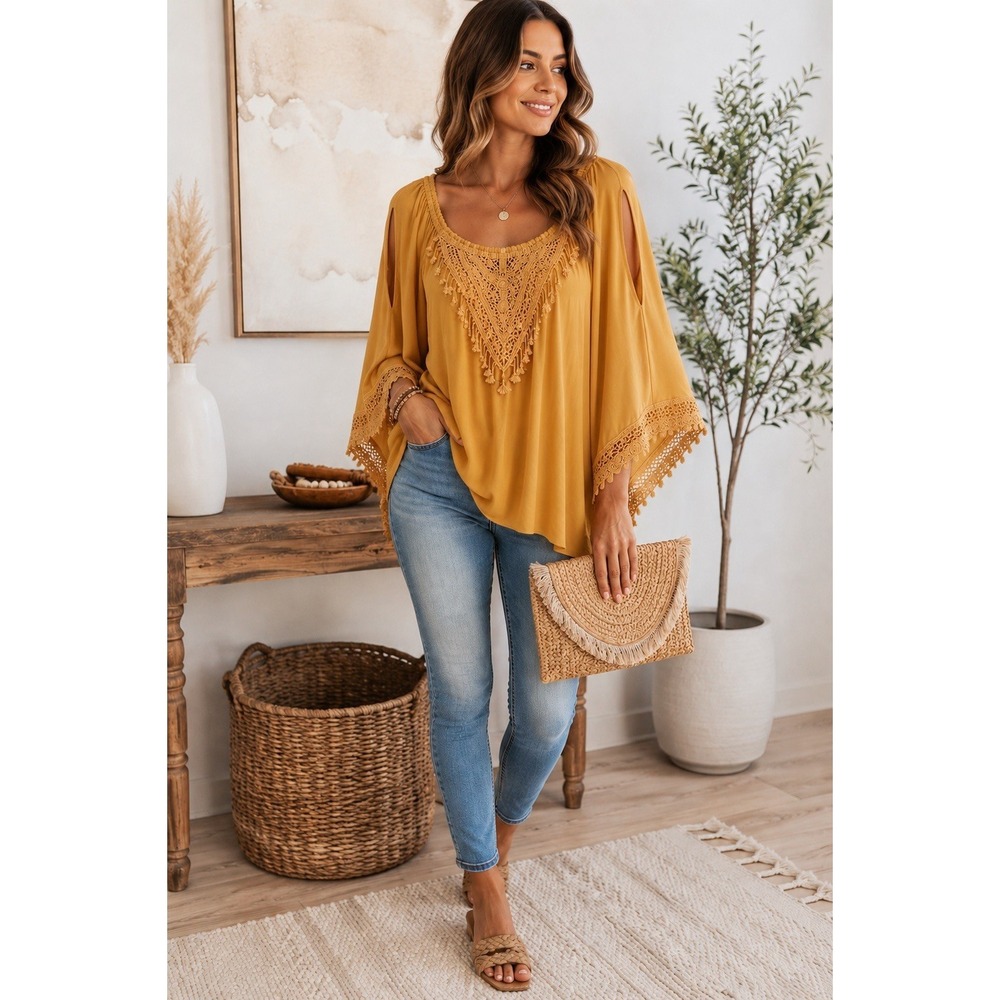 Melissa Paige Mustard Gold Boho Tunic Blouse Medium Crochet Tassel Bell Sleeves